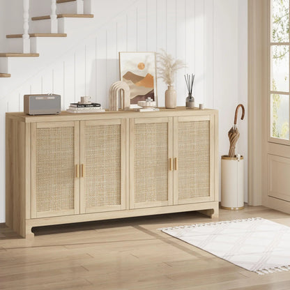 Rattan 4 Door Storage Cabinet Wooden Sideboard Console