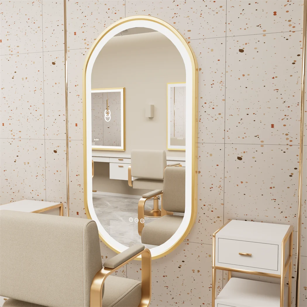 100x50cm Gold Frame Oval Mirror with LED & Demister