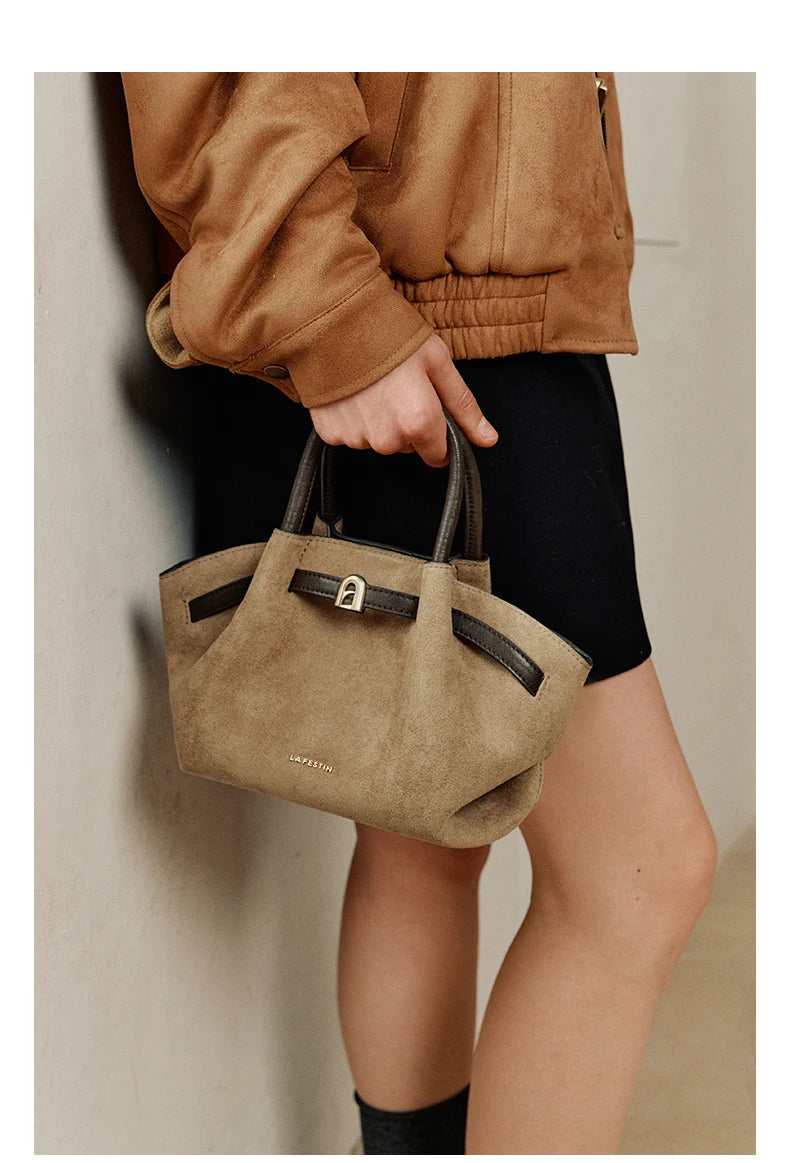 Light Brown Suede Handbag Small Crossbody Shoulder Bucket Bag