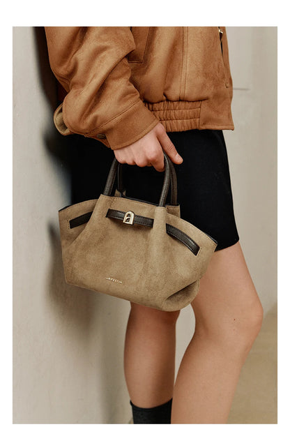 Light Brown Suede Handbag Small Crossbody Shoulder Bucket Bag