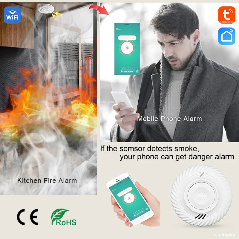 433MHz Smart Smoke Sensor with Tuya App Connectivity