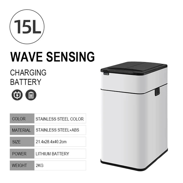 White 15L Touchless Trash Can with Intelligent Lid