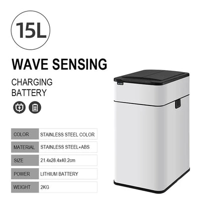 White 15L Touchless Trash Can with Intelligent Lid