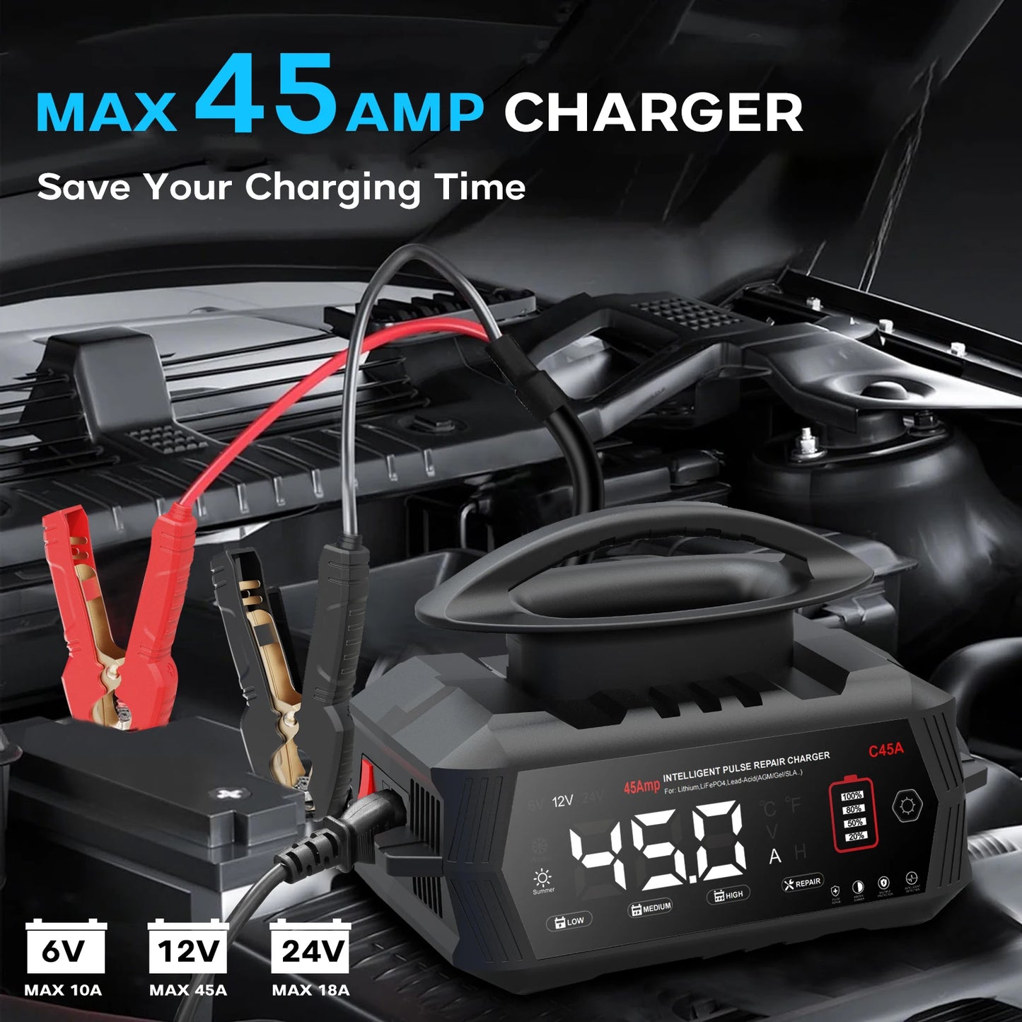 Portable Car and Motorcycle Battery Charger with Repair Function