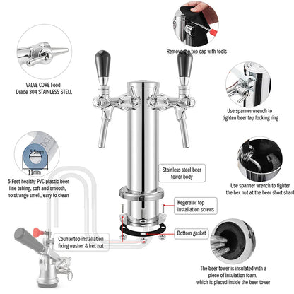 Dual Faucet Draft Beer Tower 3 Stainless Steel