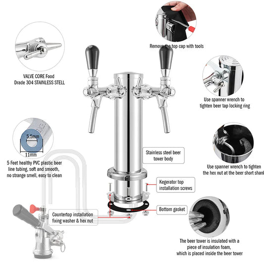 Dual Faucet Draft Beer Tower 3 Stainless Steel