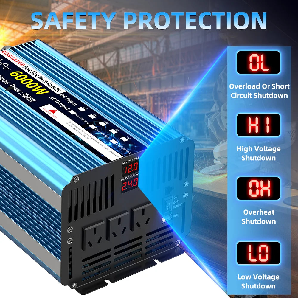 12V to 240V Pure Sine Wave Power Inverter 6000W