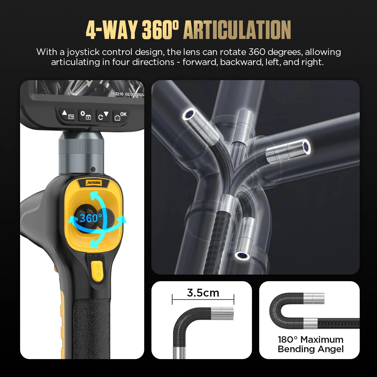 4-Way 360 Degree Articulating Automotive Endoscope 1080p HD
