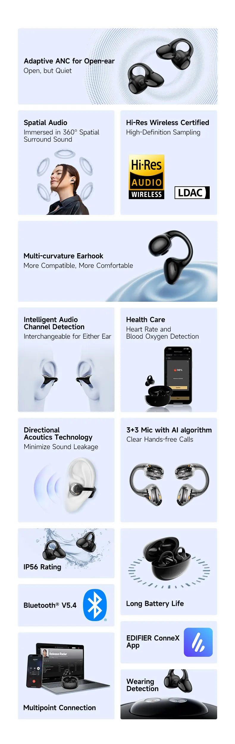 Black Open-Ear Earphones with Multipoint & Long Battery