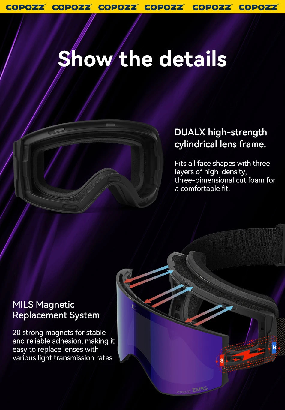 Magnetic Ski Goggles UV400 Anti-Fog Snowboard Glasses Purple