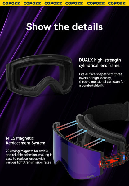 Magnetic Ski Goggles UV400 Anti-Fog Snowboard Glasses Purple