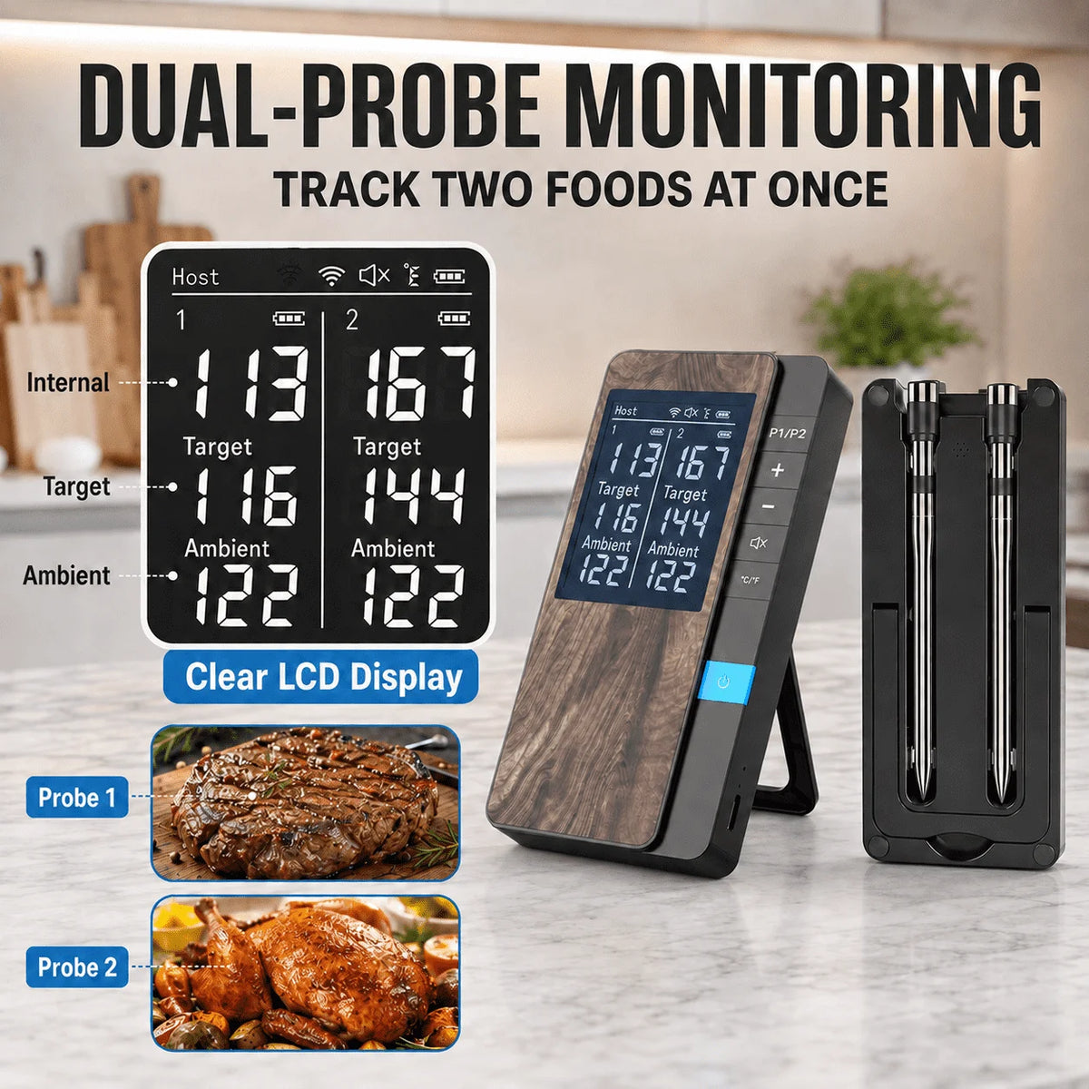 Wireless 4-Probe Bluetooth Meat Thermometer with LCD