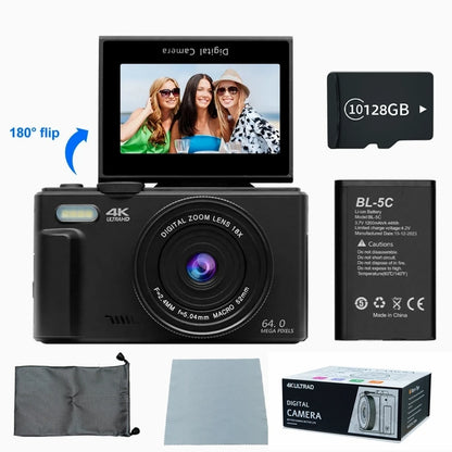 Portable 64MP 4K Vlogging Camera with Flash and 3" Flip Display