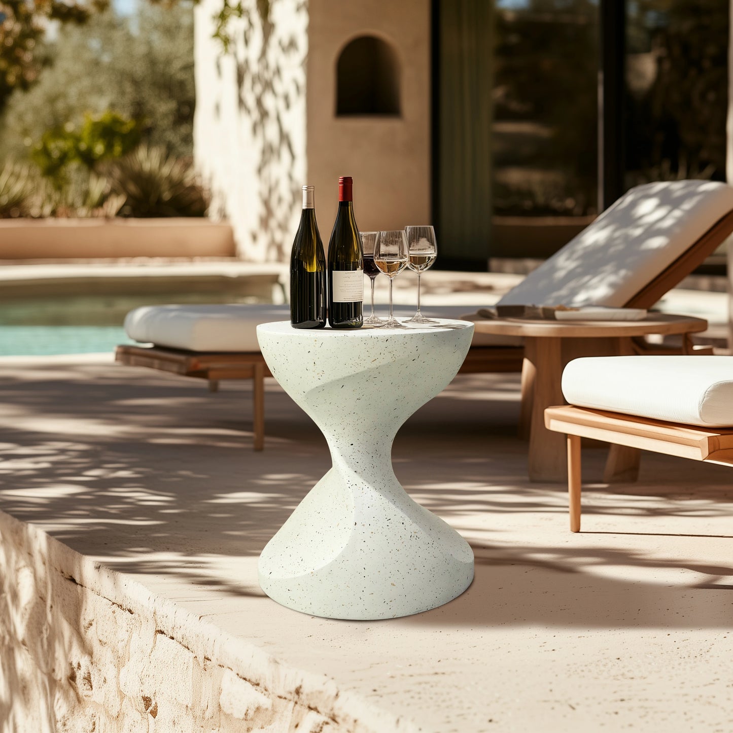 White Accent Table with Hourglass Shape for Indoor Outdoor Use