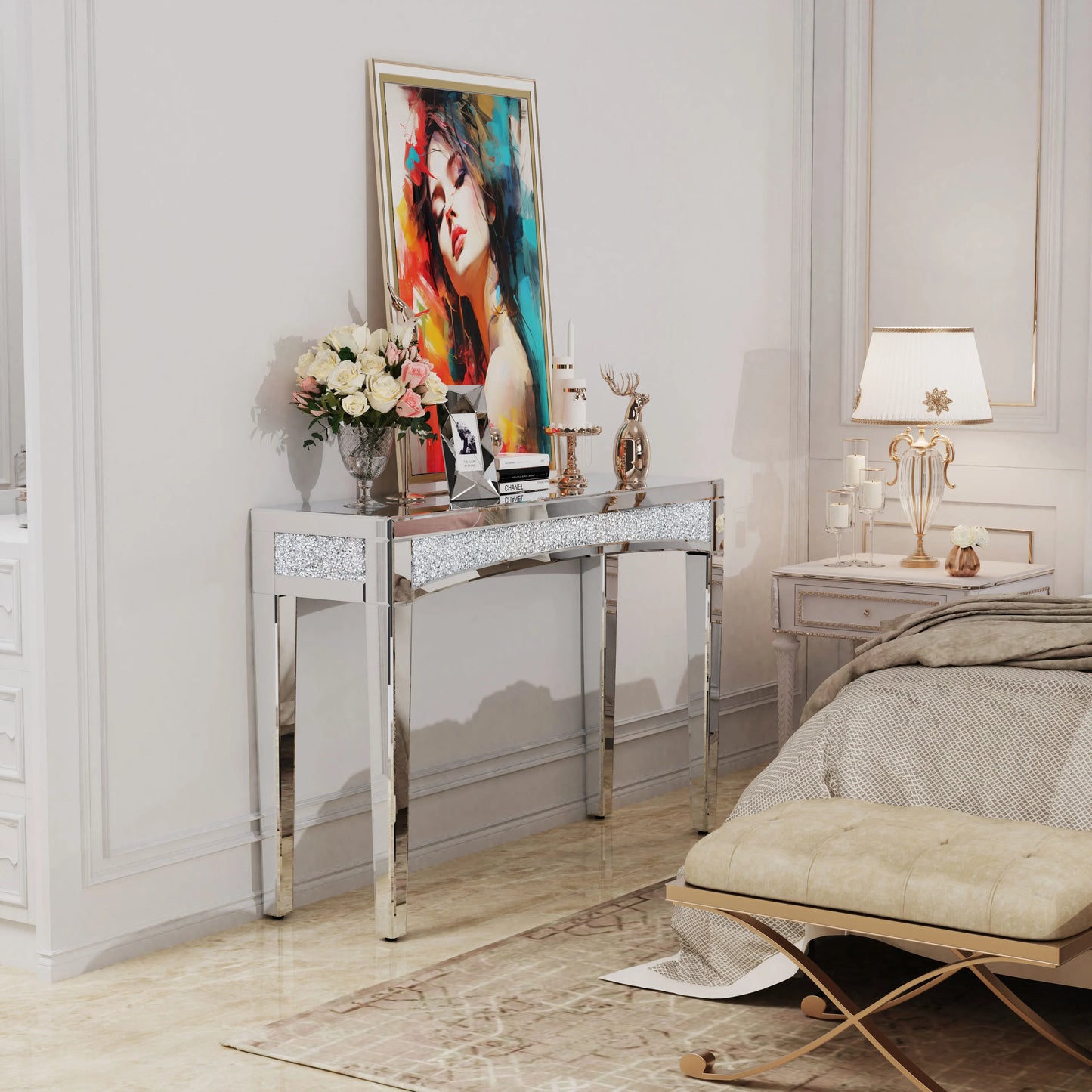 Mirrored Console Table 120cm Crystal Front Entryway Desk