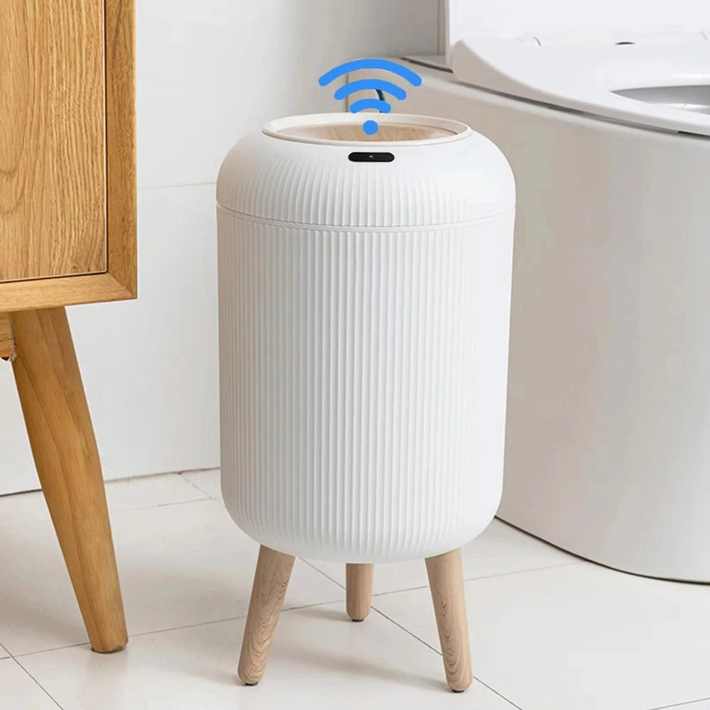 Trash Can - Automatic Motion Sensor, Small Plastic Smart Waste Bin with Lid for Bedroom, Bathroom, Kitchen, Office (White, With Feet)