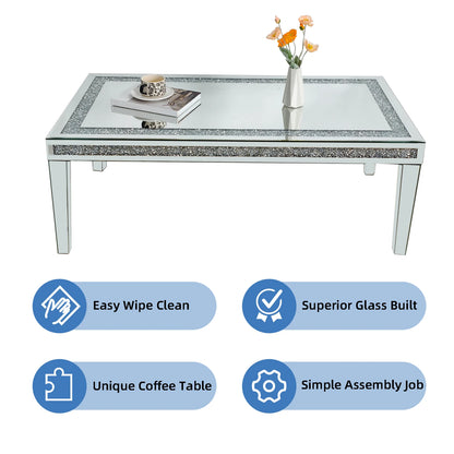 Modern Mirrored Coffee Table Crystal Inlay Silver Centre Table