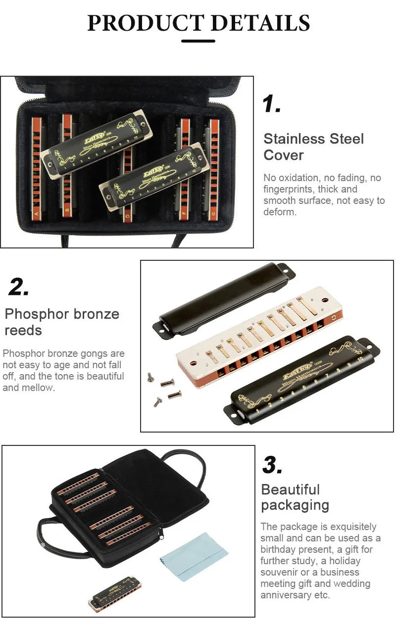 Professional 10-Hole Diatonic Harmonica Set 7 Keys