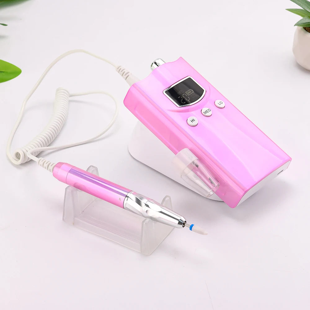 Portable 35K RPM Rechargeable Nail Drill Metallic Pink