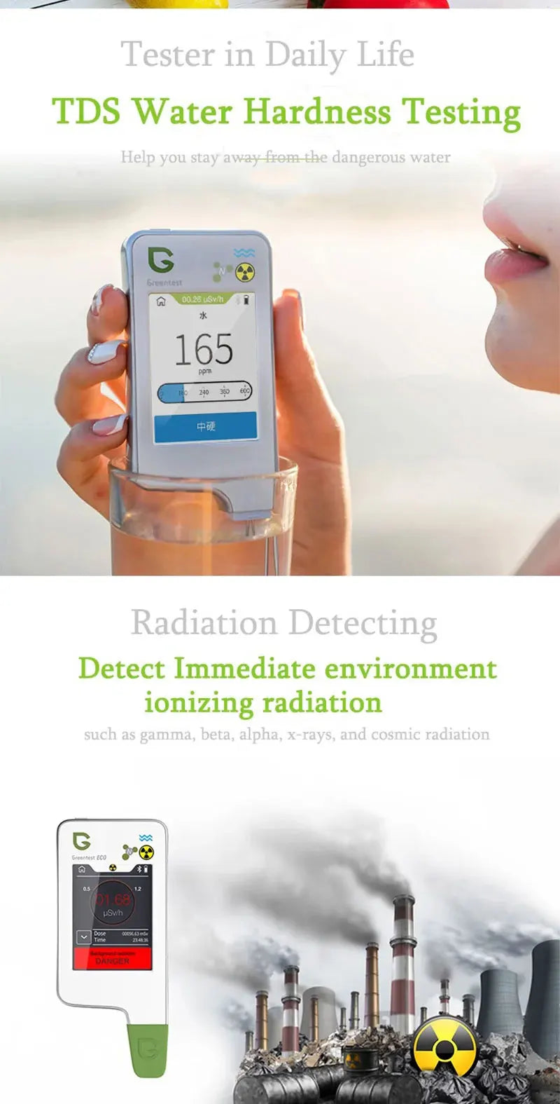 Portable TDS and Radiation Detector for Food Water White
