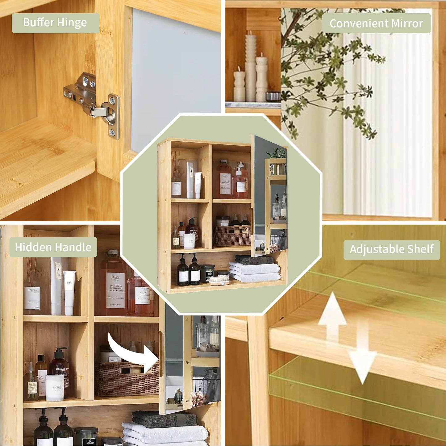 Wall Mounted Bamboo Bathroom Cabinet with Mirror and Shelves
