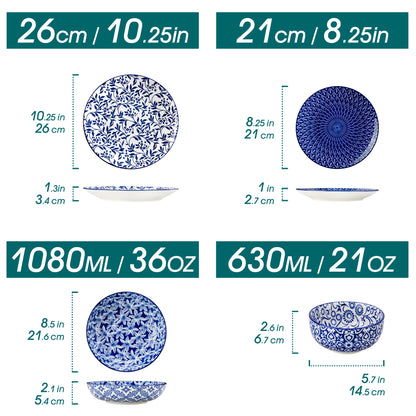 12 Piece Porcelain Dinner Set with Blue White Pattern