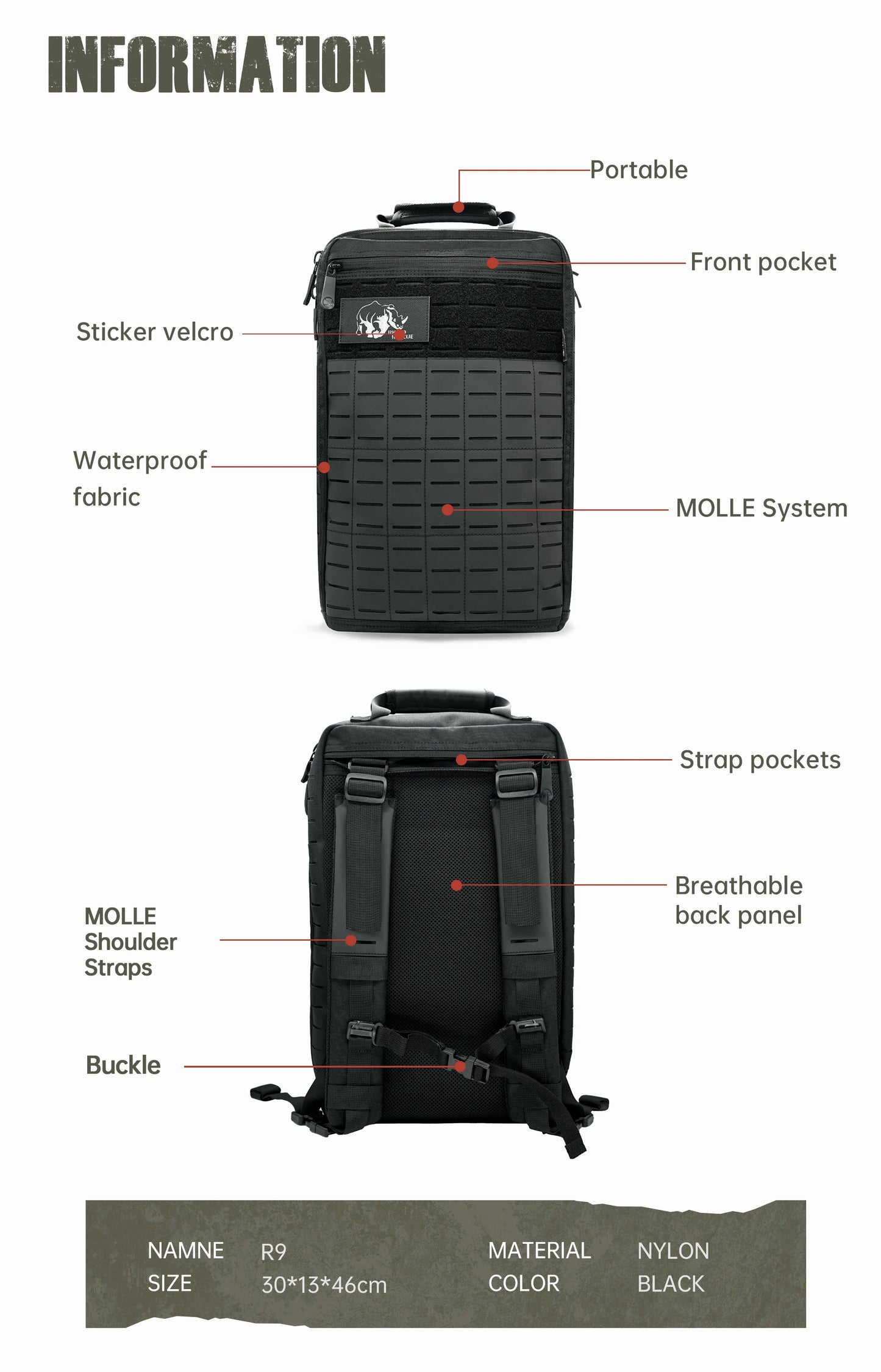 20L Tactical First Aid Backpack Black 1000D Nylon