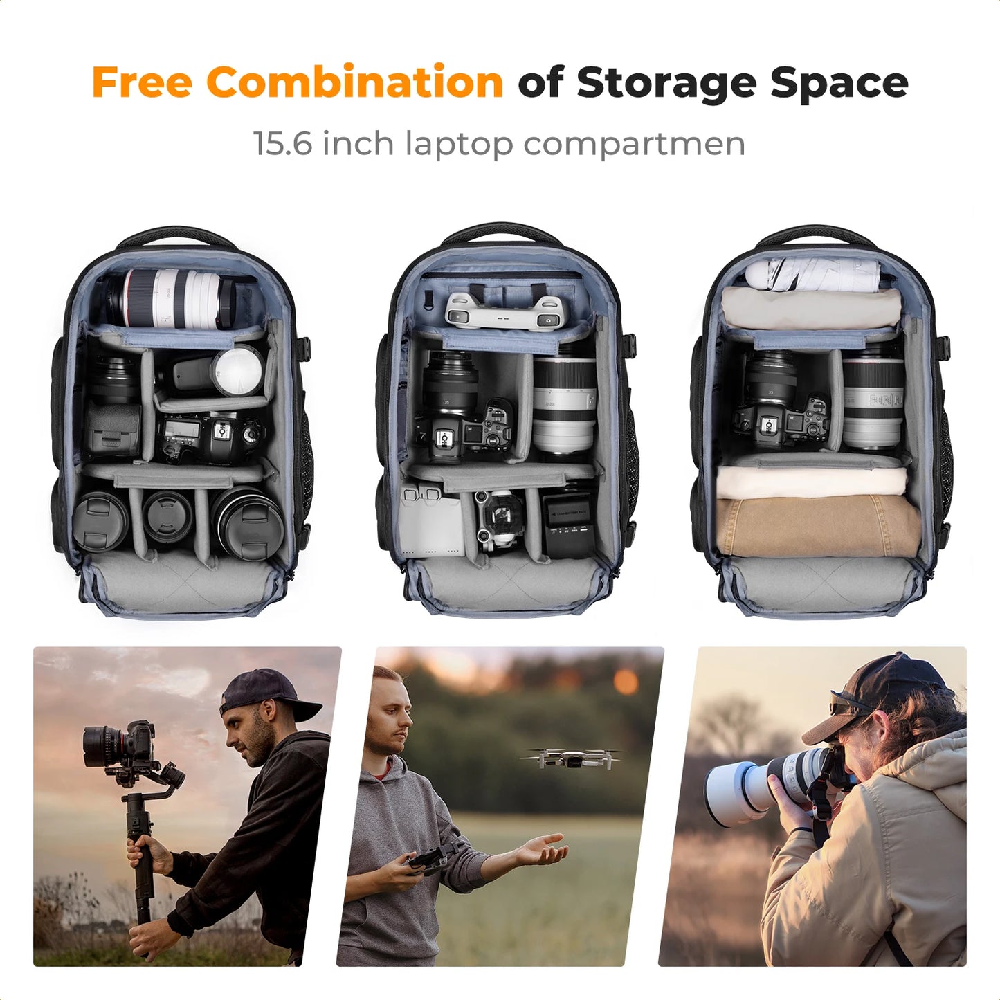 Waterproof Camera Backpack 25L with Laptop Pocket Black