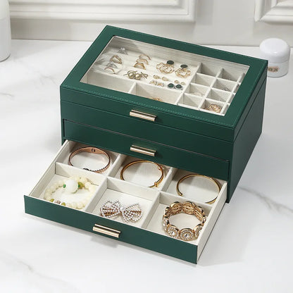 Portable Green Jewelry Organizer 3 Tier Drawers