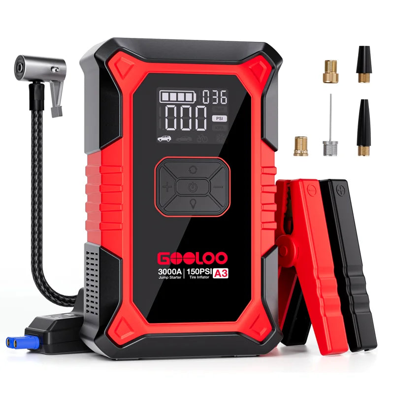 Portable 3000A Jump Starter with Auto-Shutoff Tire Inflator