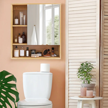 Wall Mounted Bamboo Bathroom Cabinet with Mirror and Shelves