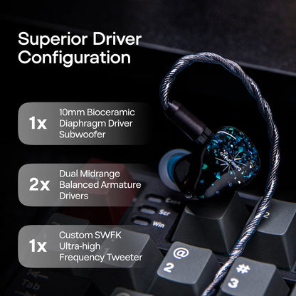 Hybrid IEM Earphones 1DD 6BA HiFi Wired Blue