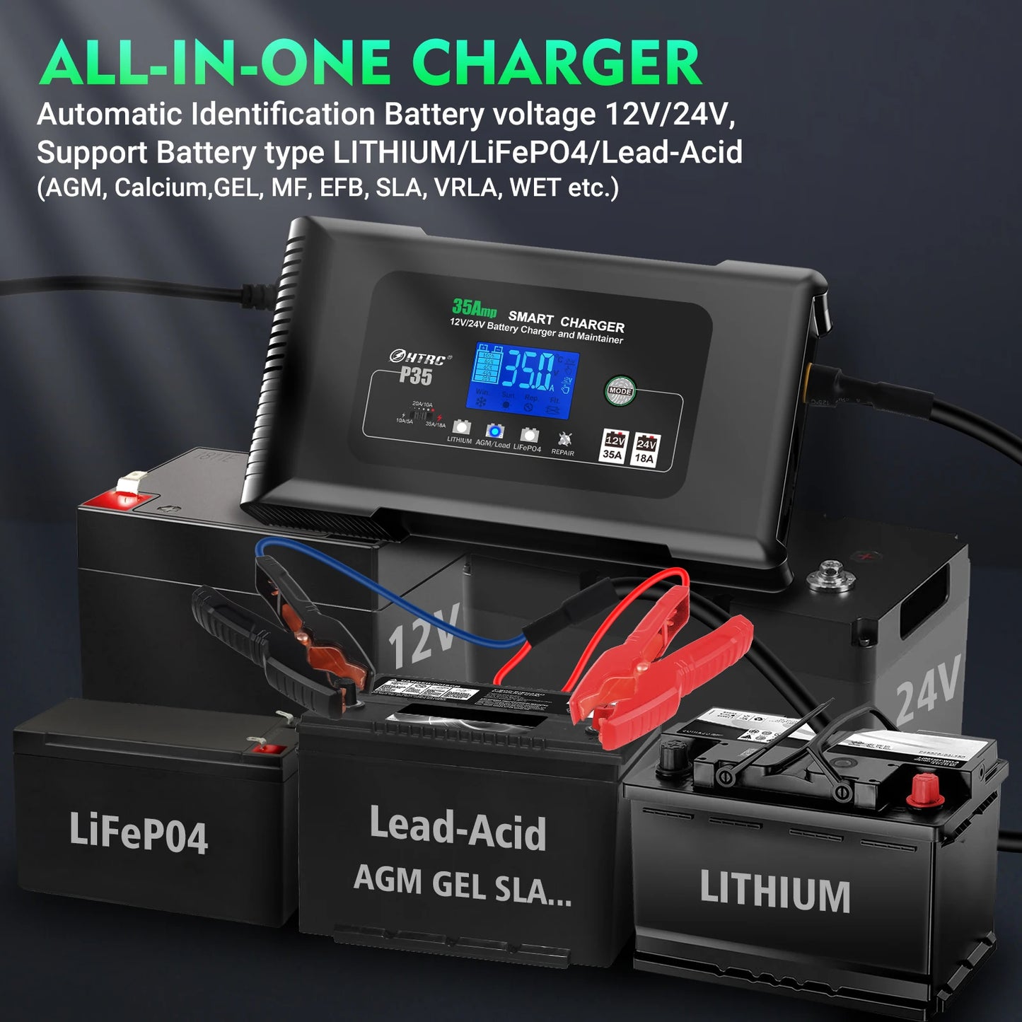35A Smart Car Battery Charger 12V 24V LCD