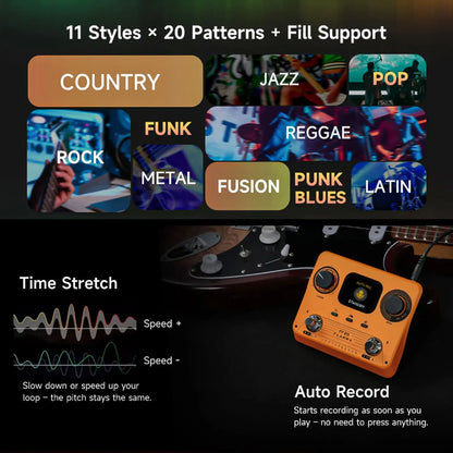 Portable Stereo Looper Pedal with Drum Beats and Headphone Output