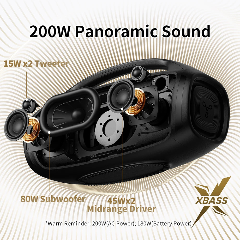 Waterproof Party Speaker 200W Bass 30H Playtime