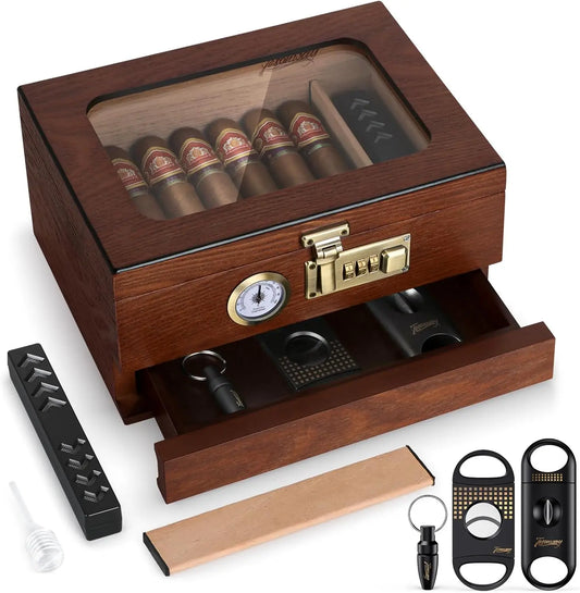 Brown Cedar Wood Cigar Humidor with Glass Top & Hygrometer