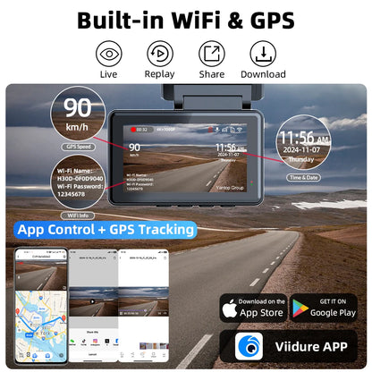 4K Dash Cam Dual Lens GPS WiFi 3 Inch 1080P Rear Camera