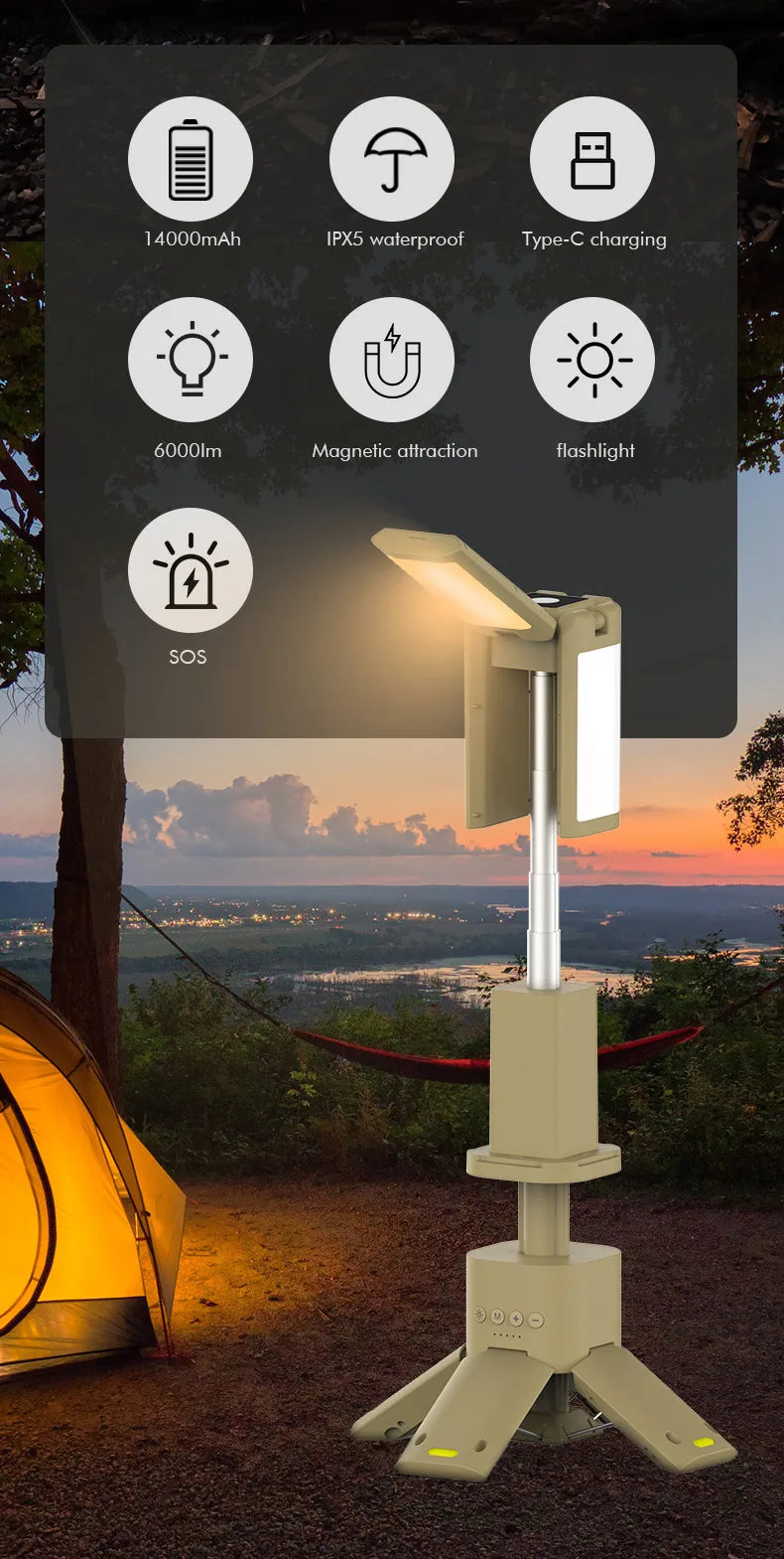 14000mAh Outdoor Hiking LED Lantern with Telescopic Design