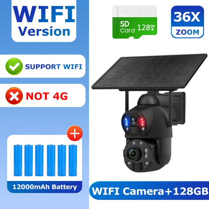 WiFi Solar CCTV Camera 36X Zoom 128GB 8MP
