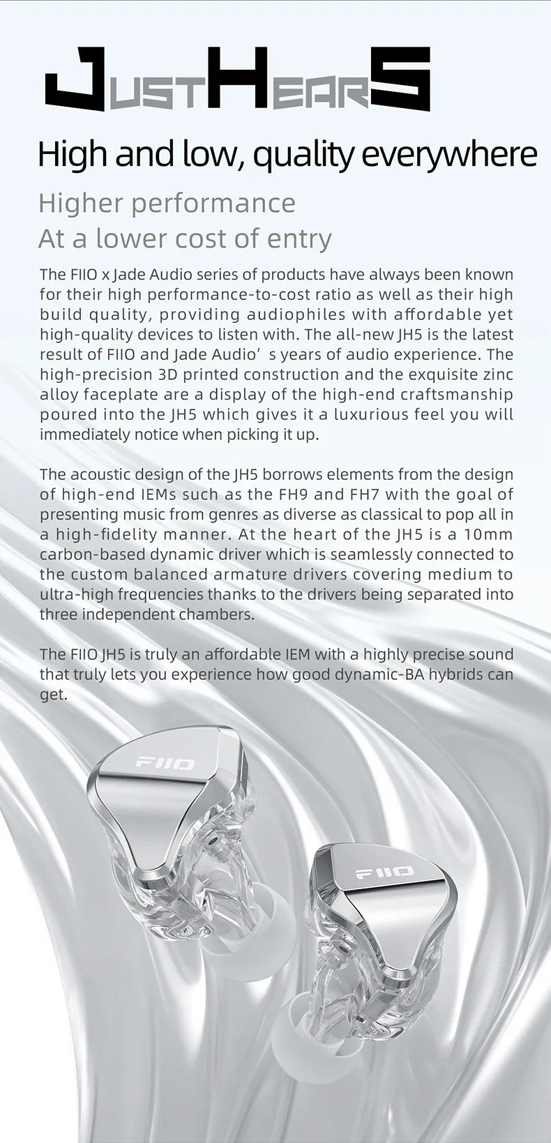 JH5 Silver 1DD+4BA Hi-Res Audio Detachable Earbuds