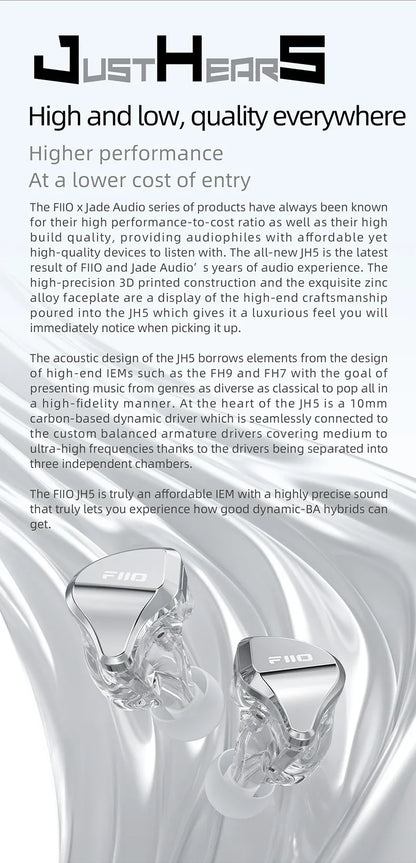 JH5 Silver 1DD+4BA Hi-Res Audio Detachable Earbuds