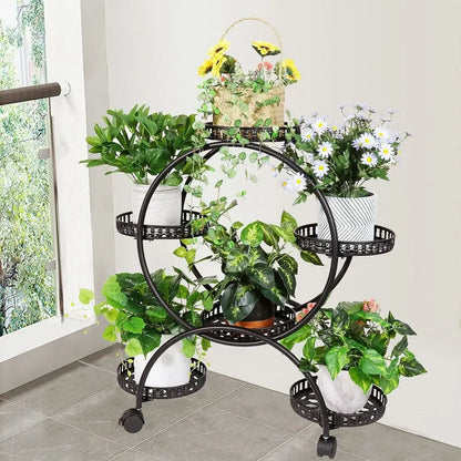 4-Tier Plant Stand with Wheels Holds Six Flower Pots