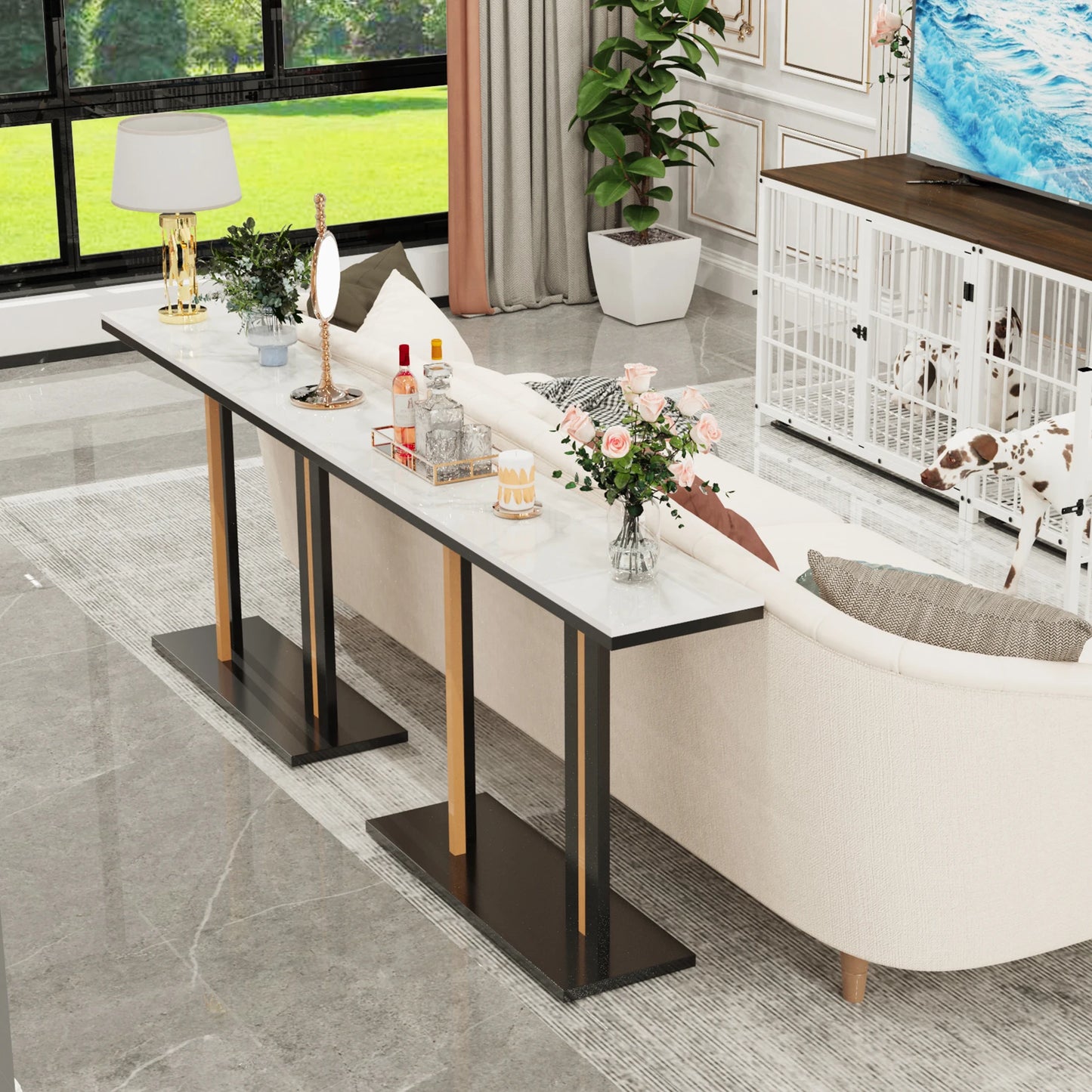 Narrow Stone Top Console Table with Pedestal Base