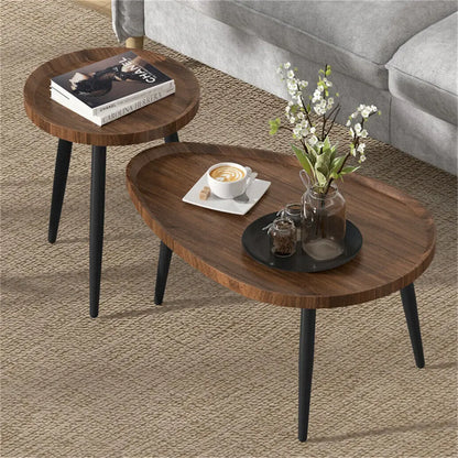 2-in-1 Irregular Wooden Coffee Table Set with Triangle Legs