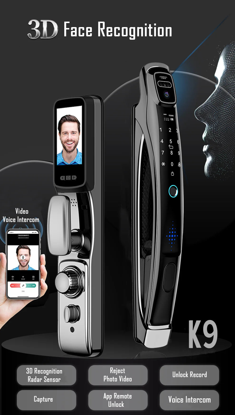 Digital Door Lock Face Unlock Matte Black