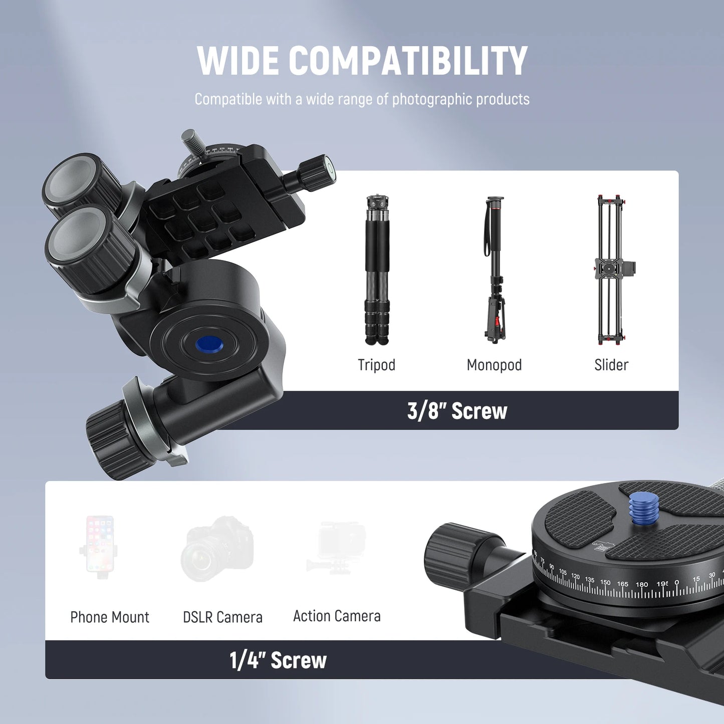 3-Way Geared Tripod Head with 360° Panoramic Control