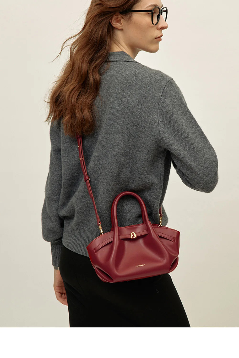 Burgundy Leather Bucket Shoulder Bag Small Crossbody Purse