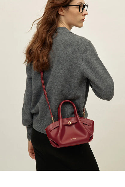 Burgundy Leather Bucket Shoulder Bag Small Crossbody Purse