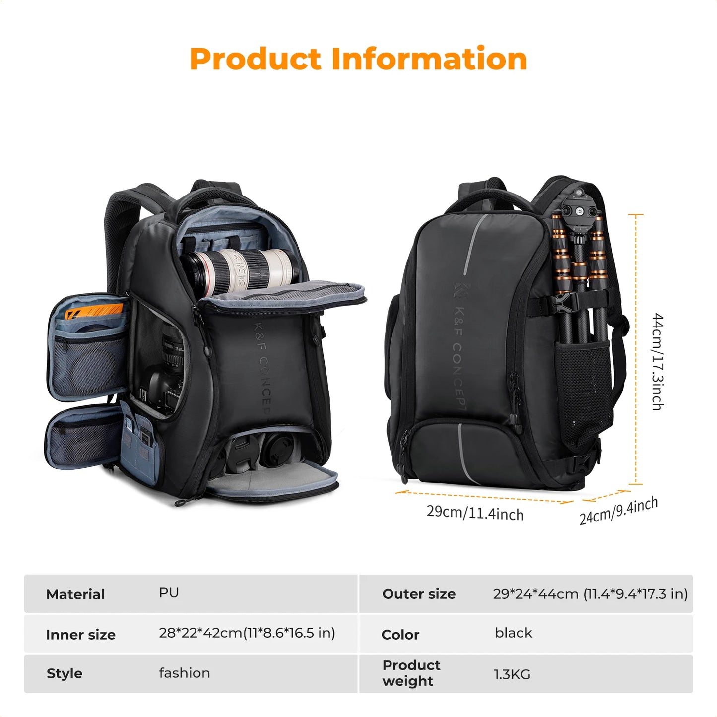 Waterproof Camera Backpack 25L with Laptop Pocket Black