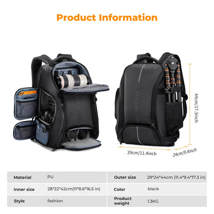 Waterproof Camera Backpack 25L with Laptop Pocket Black